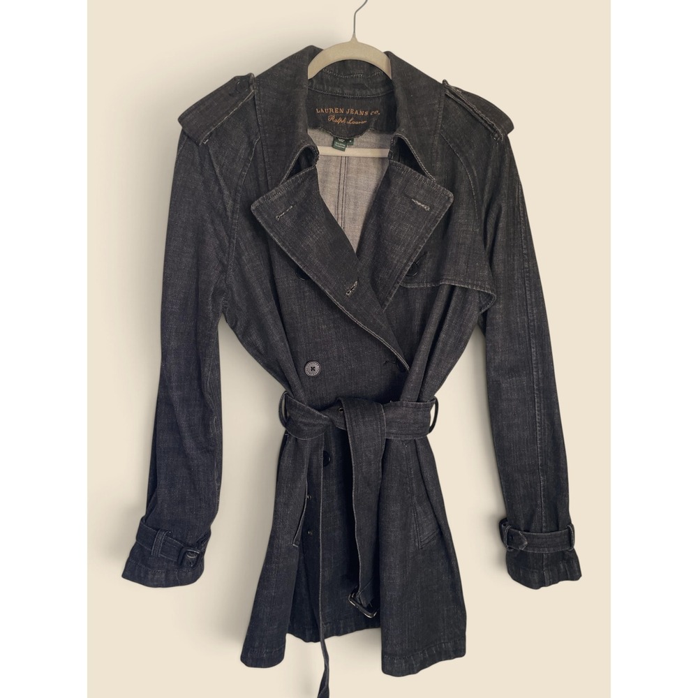 VTG Lauren Jeans Co Ralph Lauren Black Denim Trench Coat Belted Size M Indie